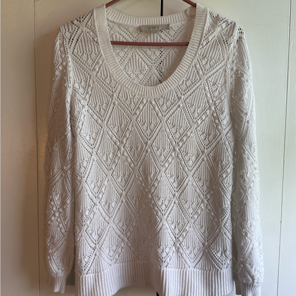 LOFT White Crew Neck Sweater with Intricate Knit Design